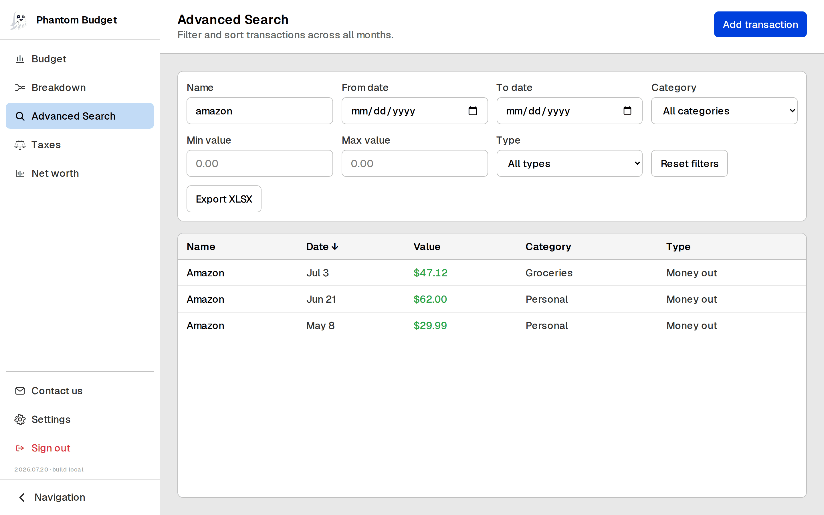 Phantom Budget search in macOS Aqua